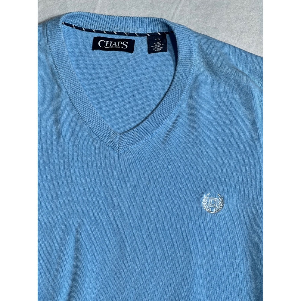 Chaps Mens V-Neck Sweater Vest Blue 100% Cotton Knit Logo Size Large